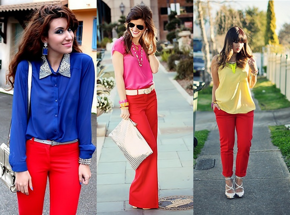 Calça vermelha hot sale com blusa azul